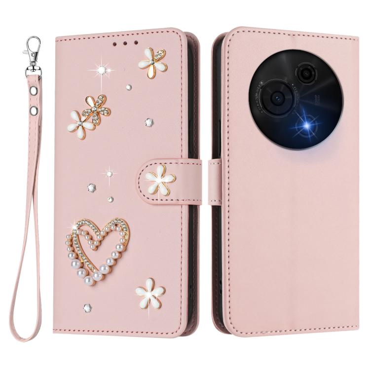 For TCL 60 NxtPaper 4G ZS01 Double-Layer Heart Floral Vegan Leather Phone Case with Wrist Strap
