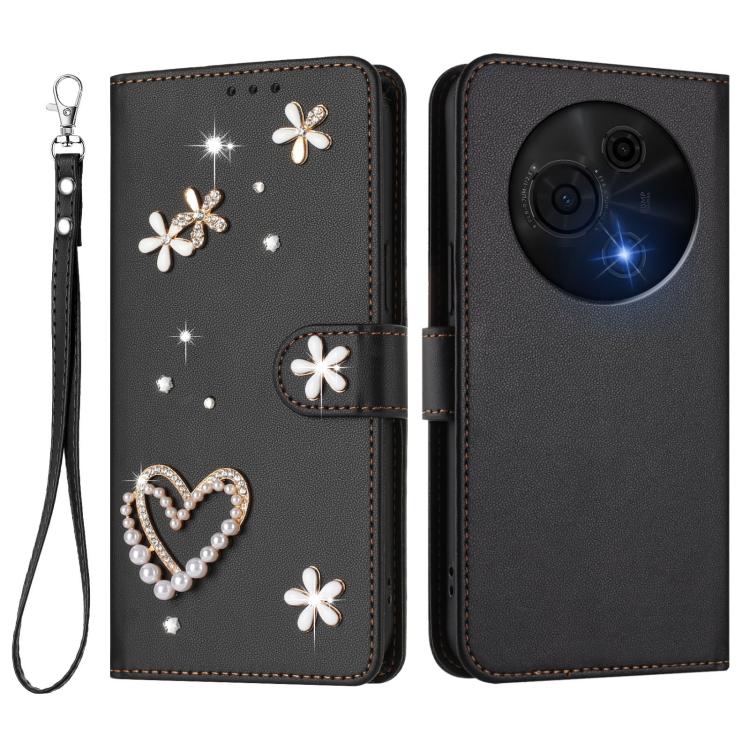 For TCL 60 NxtPaper 4G ZS01 Double-Layer Heart Floral Vegan Leather Phone Case with Wrist Strap