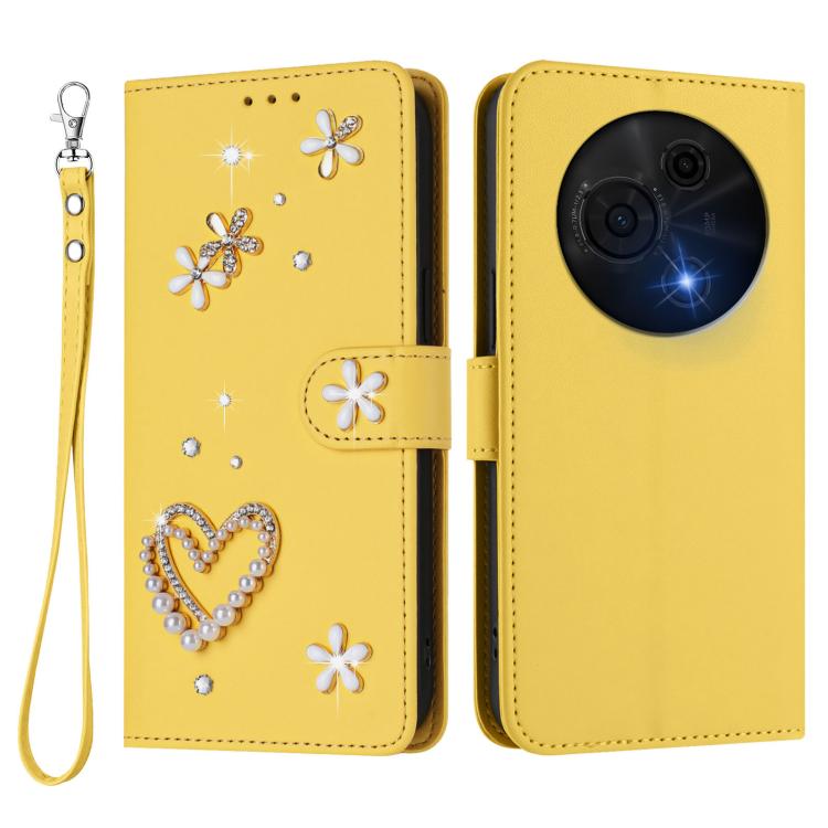 For TCL 60 NxtPaper 4G ZS01 Double-Layer Heart Floral Vegan Leather Phone Case with Wrist Strap