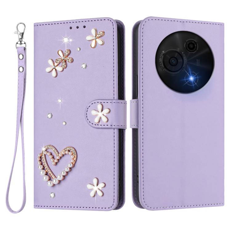 For TCL 60 NxtPaper 4G ZS01 Double-Layer Heart Floral Vegan Leather Phone Case with Wrist Strap