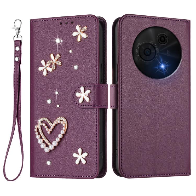 For TCL 60 NxtPaper 4G ZS01 Double-Layer Heart Floral Vegan Leather Phone Case with Wrist Strap