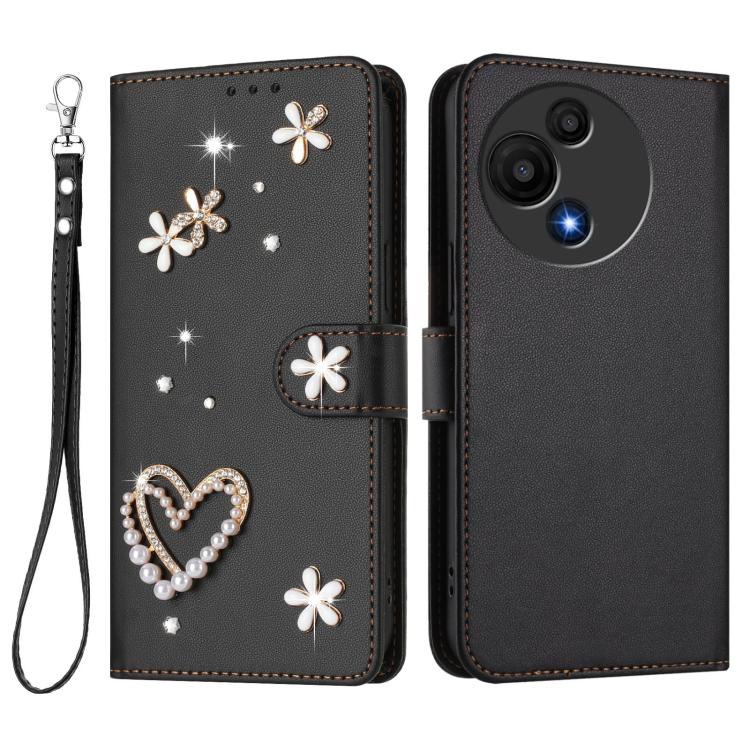For TCL 60 SE NxtPaper 5G ZS01 Double-Layer Heart Floral Vegan Leather Phone Case with Wrist Strap