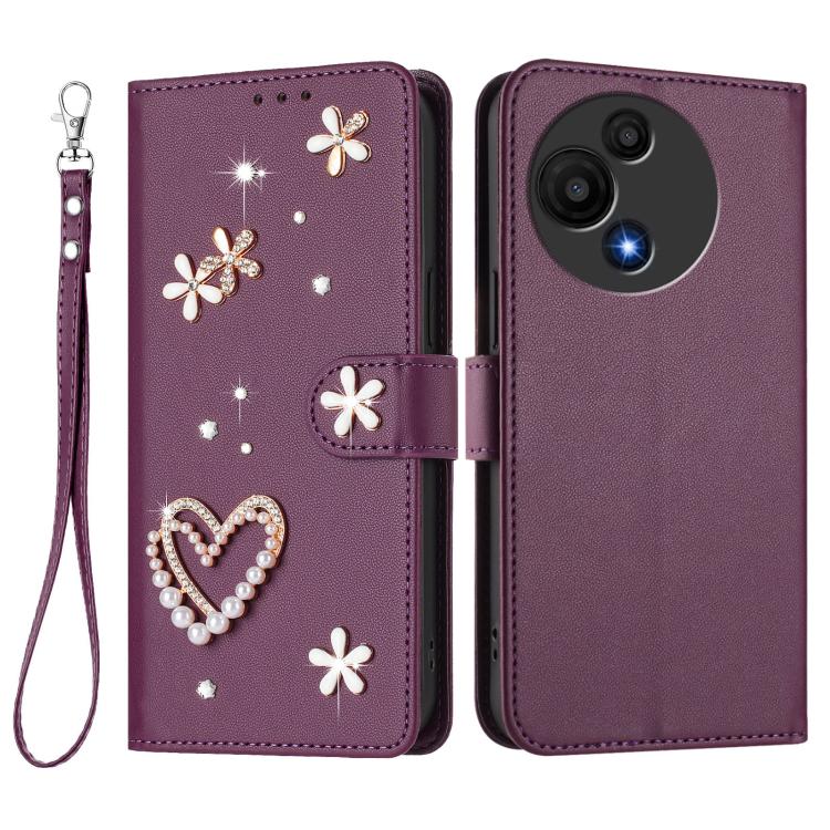 For TCL 60 SE NxtPaper 5G ZS01 Double-Layer Heart Floral Vegan Leather Phone Case with Wrist Strap