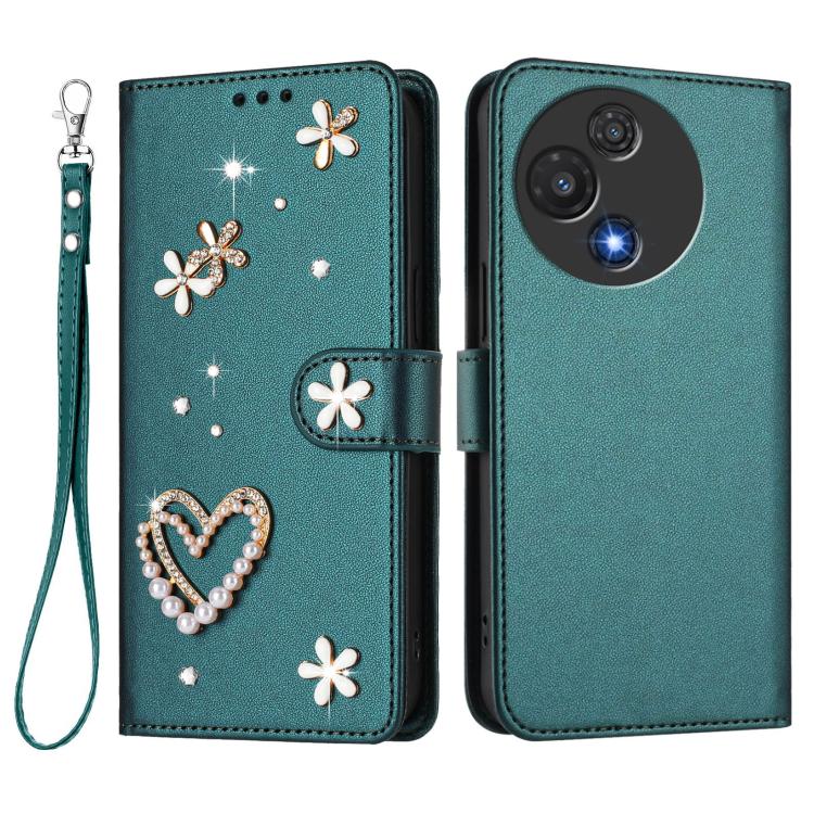 For TCL 60R 5G ZS01 Double-Layer Heart Floral Vegan Leather Phone Case with Wrist Strap