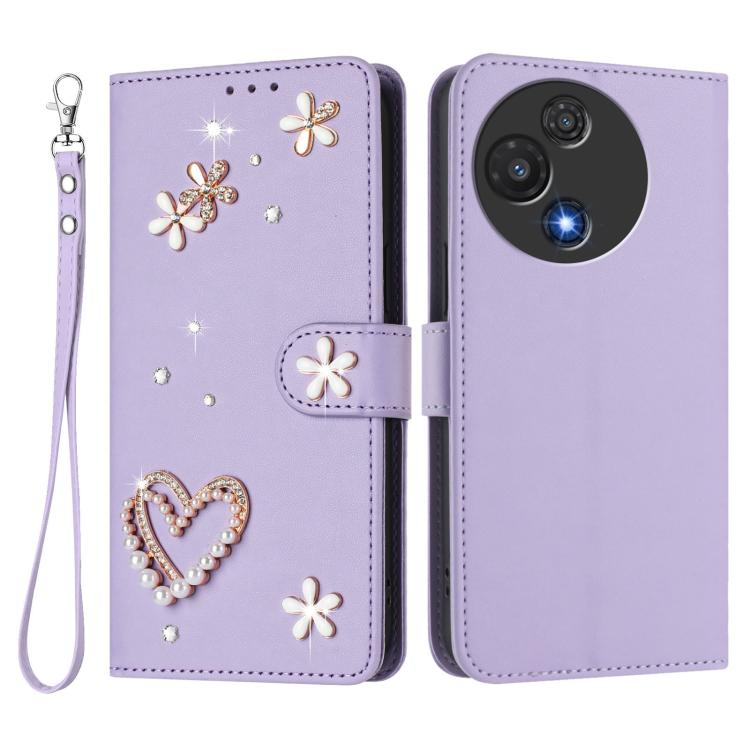 For TCL 60R 5G ZS01 Double-Layer Heart Floral Vegan Leather Phone Case with Wrist Strap