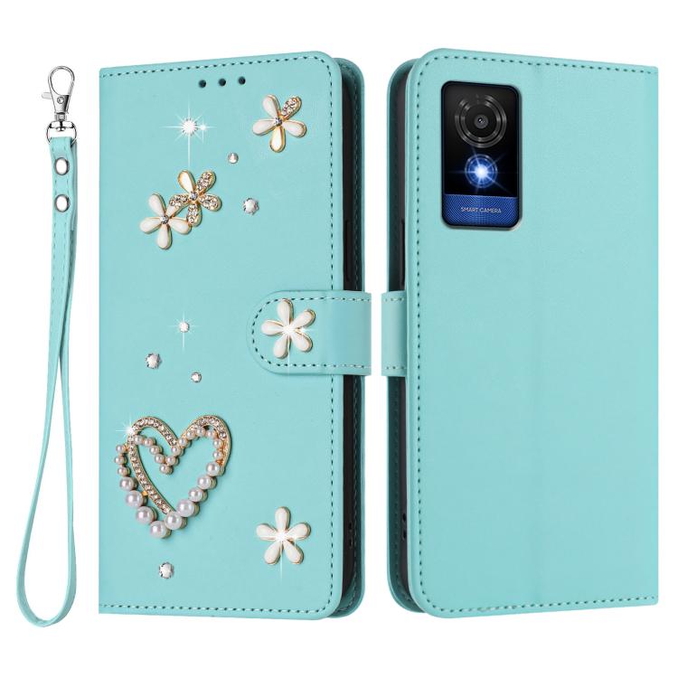 For TCL 501 / Vodafone Smart M25 ZS01 Double-Layer Heart Floral Vegan Leather Phone Case with Wrist Strap