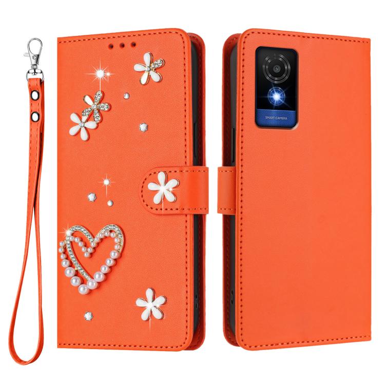 For TCL 501 / Vodafone Smart M25 ZS01 Double-Layer Heart Floral Vegan Leather Phone Case with Wrist Strap