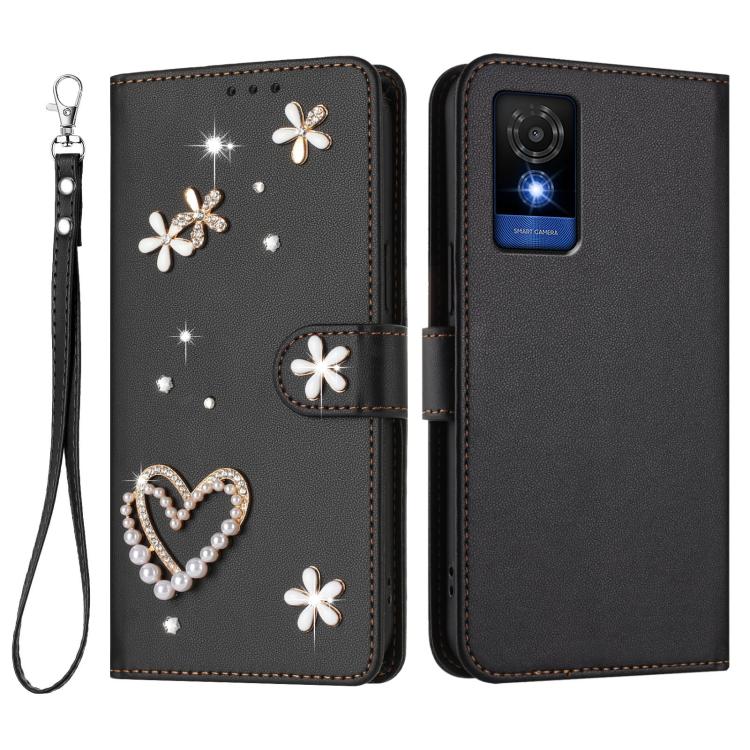 For TCL 501 / Vodafone Smart M25 ZS01 Double-Layer Heart Floral Vegan Leather Phone Case with Wrist Strap