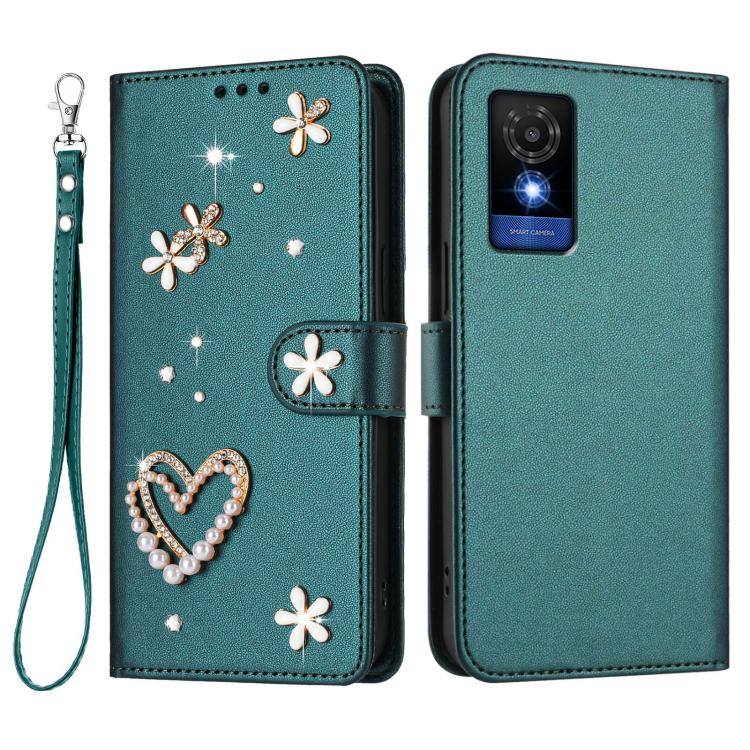 For TCL 501 / Vodafone Smart M25 ZS01 Double-Layer Heart Floral Vegan Leather Phone Case with Wrist Strap