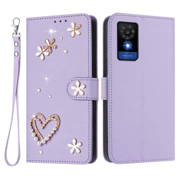 For TCL 501 / Vodafone Smart M25 ZS01 Double-Layer Heart Floral Vegan Leather Phone Case with Wrist Strap