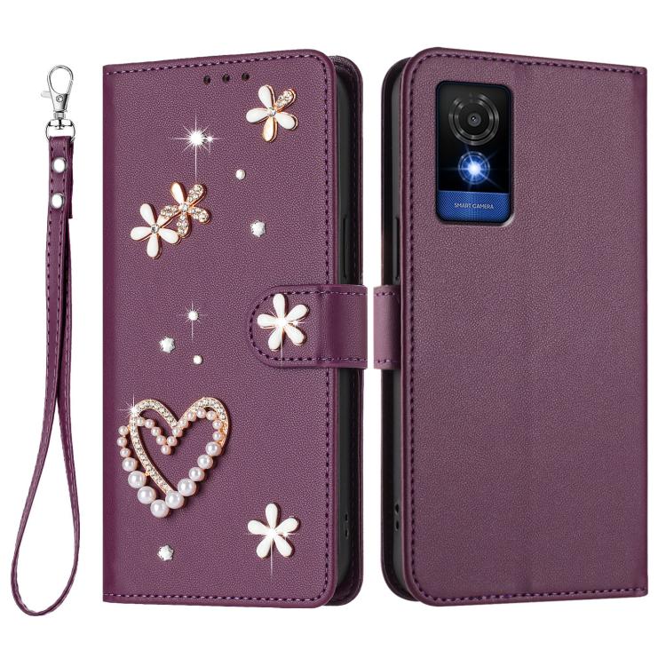 For TCL 501 / Vodafone Smart M25 ZS01 Double-Layer Heart Floral Vegan Leather Phone Case with Wrist Strap