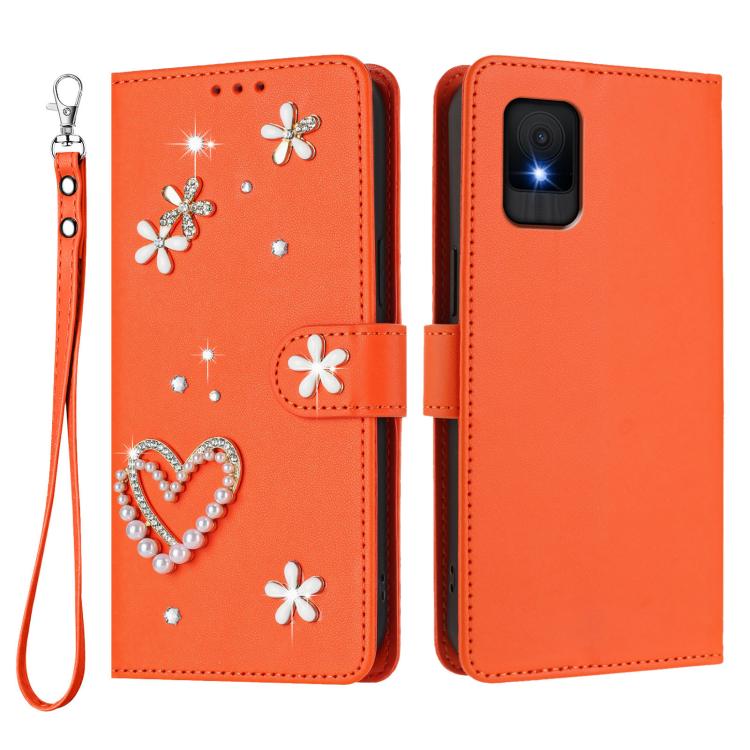 For TCL 502 ZS01 Double-Layer Heart Floral Vegan Leather Phone Case with Wrist Strap