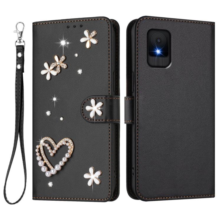 For TCL 502 ZS01 Double-Layer Heart Floral Vegan Leather Phone Case with Wrist Strap