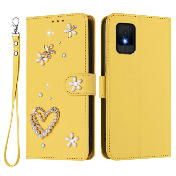 For TCL 502 ZS01 Double-Layer Heart Floral Vegan Leather Phone Case with Wrist Strap
