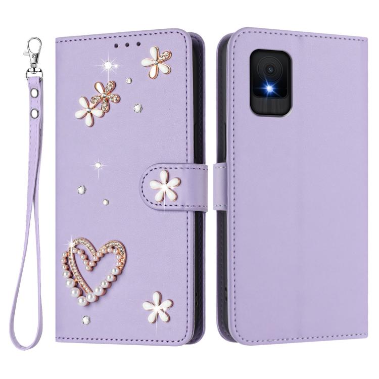 For TCL 502 ZS01 Double-Layer Heart Floral Vegan Leather Phone Case with Wrist Strap