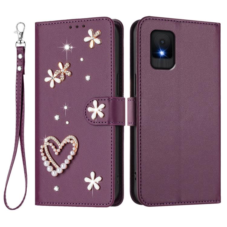 For TCL 502 ZS01 Double-Layer Heart Floral Vegan Leather Phone Case with Wrist Strap