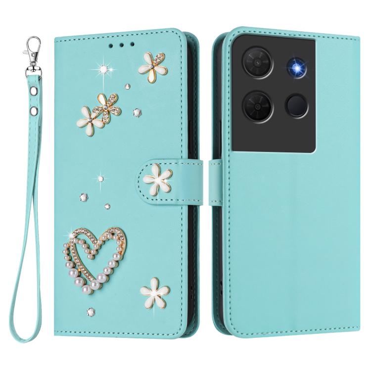 For TCL 503 ZS01 Double-Layer Heart Floral Vegan Leather Phone Case with Wrist Strap