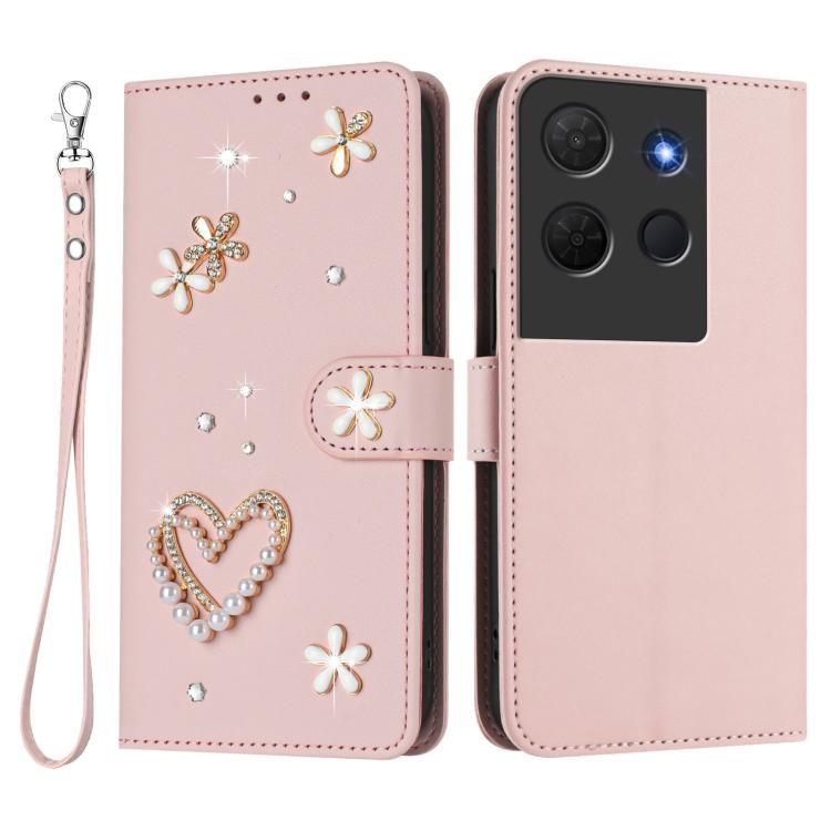 For TCL 503 ZS01 Double-Layer Heart Floral Vegan Leather Phone Case with Wrist Strap