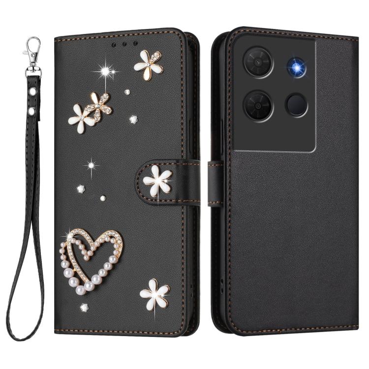 For TCL 503 ZS01 Double-Layer Heart Floral Vegan Leather Phone Case with Wrist Strap