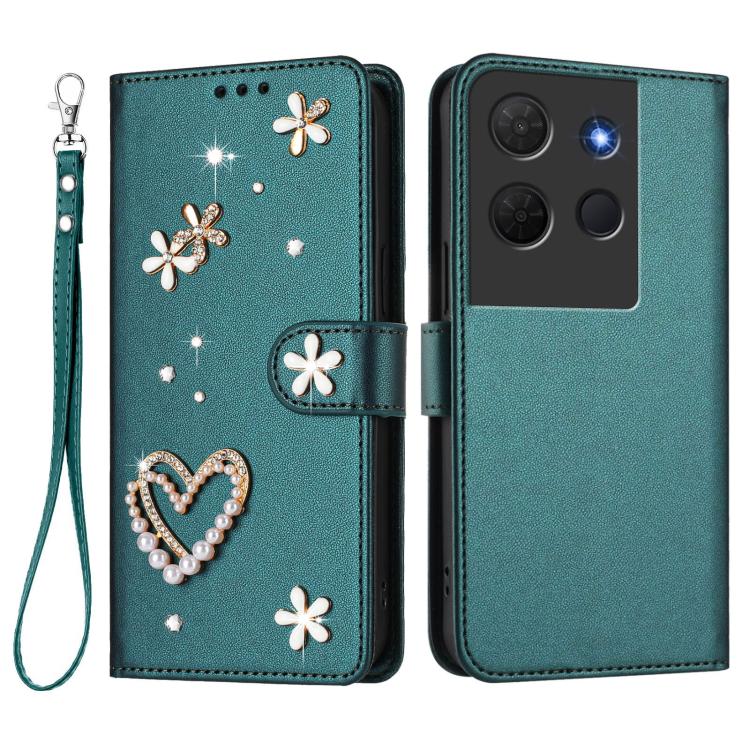 For TCL 503 ZS01 Double-Layer Heart Floral Vegan Leather Phone Case with Wrist Strap