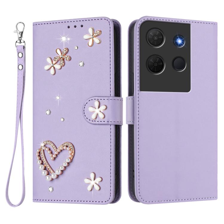 For TCL 503 ZS01 Double-Layer Heart Floral Vegan Leather Phone Case with Wrist Strap