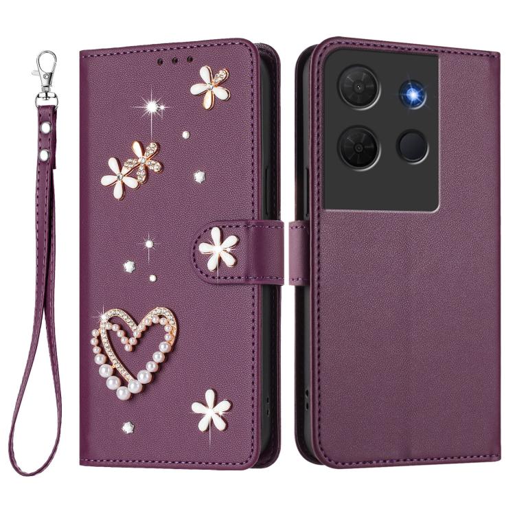 For TCL 503 ZS01 Double-Layer Heart Floral Vegan Leather Phone Case with Wrist Strap