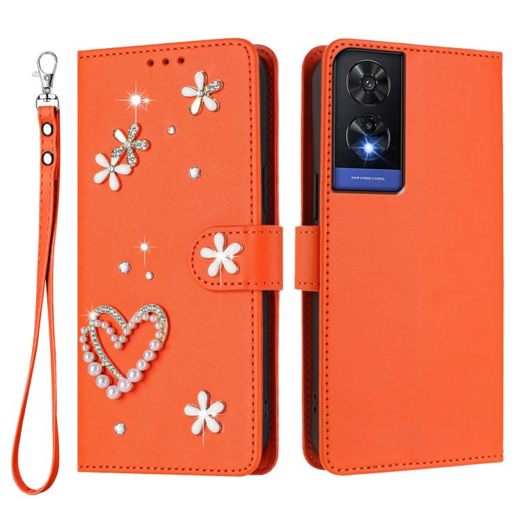 For TCL 505 ZS01 Double-Layer Heart Floral Vegan Leather Phone Case with Wrist Strap