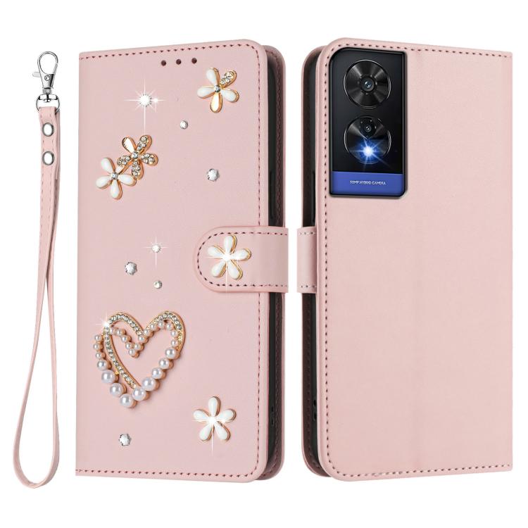 For TCL 505 ZS01 Double-Layer Heart Floral Vegan Leather Phone Case with Wrist Strap