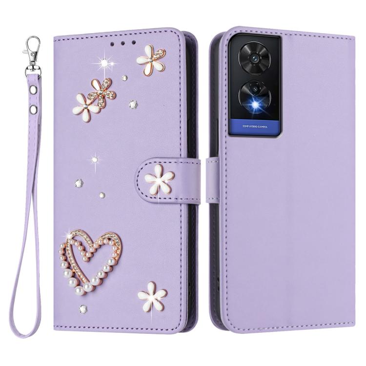 For TCL 505 ZS01 Double-Layer Heart Floral Vegan Leather Phone Case with Wrist Strap