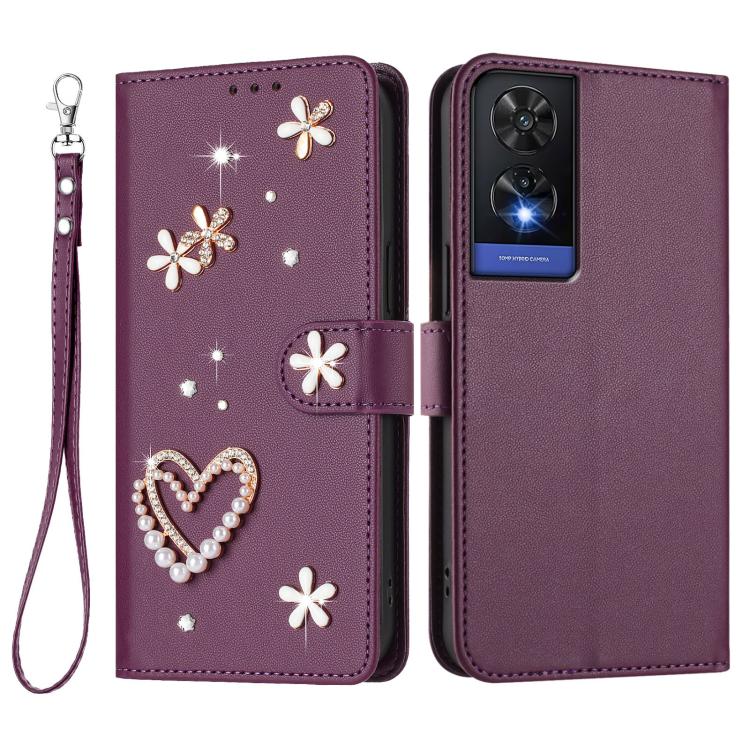 For TCL 505 ZS01 Double-Layer Heart Floral Vegan Leather Phone Case with Wrist Strap
