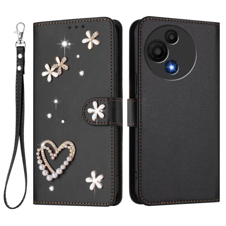 For TCL 605 / 60 SE ZS01 Double-Layer Heart Floral Vegan Leather Phone Case with Wrist Strap