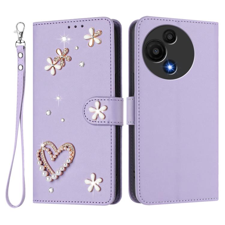 For TCL 605 / 60 SE ZS01 Double-Layer Heart Floral Vegan Leather Phone Case with Wrist Strap