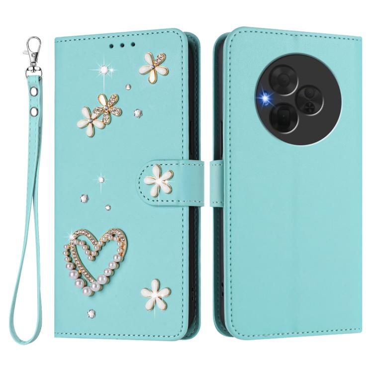For TCL NxtPaper 60 Ultra 5G ZS01 Double-Layer Heart Floral Vegan Leather Phone Case with Wrist Strap