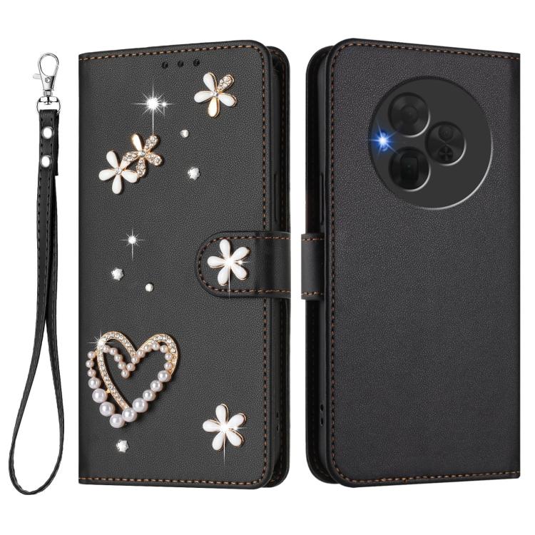 For TCL NxtPaper 60 Ultra 5G ZS01 Double-Layer Heart Floral Vegan Leather Phone Case with Wrist Strap