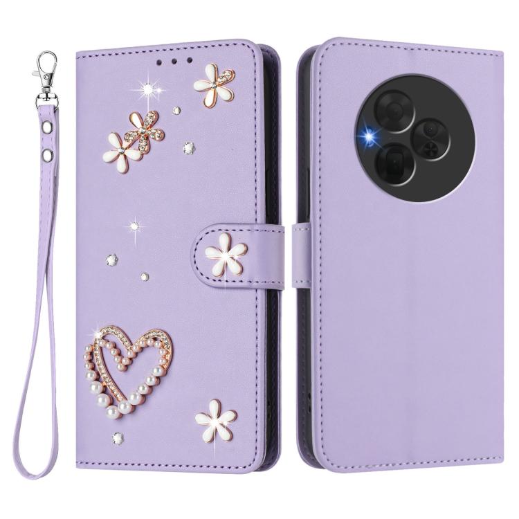 For TCL NxtPaper 60 Ultra 5G ZS01 Double-Layer Heart Floral Vegan Leather Phone Case with Wrist Strap