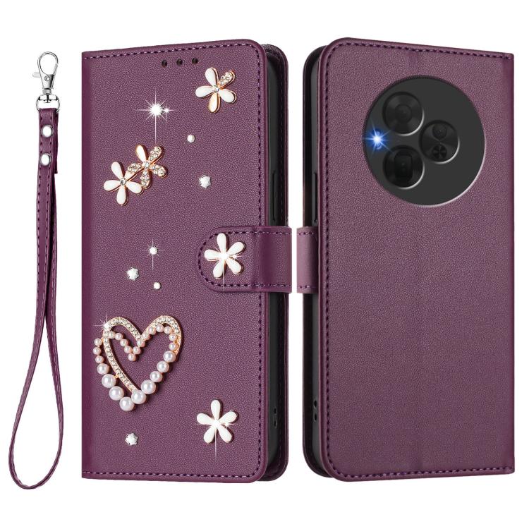 For TCL NxtPaper 60 Ultra 5G ZS01 Double-Layer Heart Floral Vegan Leather Phone Case with Wrist Strap
