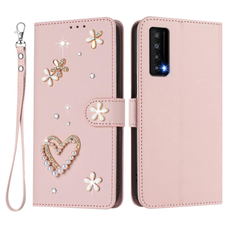 For TCL Stylus 5G ZS01 Double-Layer Heart Floral Vegan Leather Phone Case with Wrist Strap