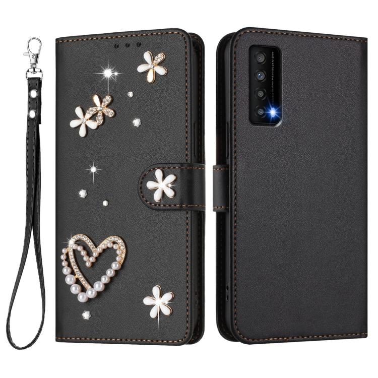 For TCL Stylus 5G ZS01 Double-Layer Heart Floral Vegan Leather Phone Case with Wrist Strap