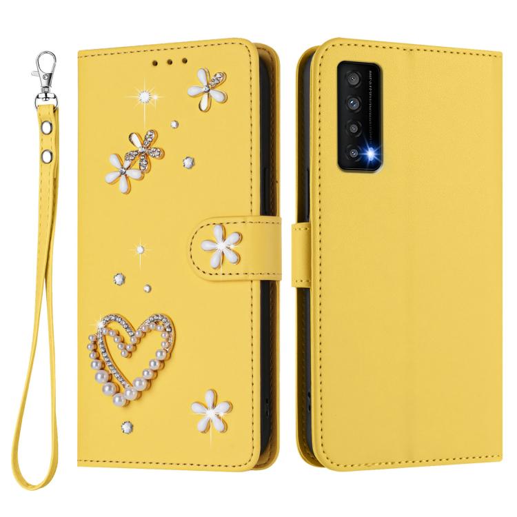 For TCL Stylus 5G ZS01 Double-Layer Heart Floral Vegan Leather Phone Case with Wrist Strap