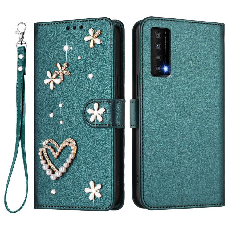 For TCL Stylus 5G ZS01 Double-Layer Heart Floral Vegan Leather Phone Case with Wrist Strap