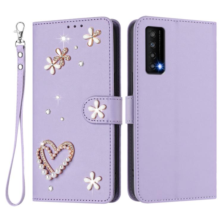 For TCL Stylus 5G ZS01 Double-Layer Heart Floral Vegan Leather Phone Case with Wrist Strap