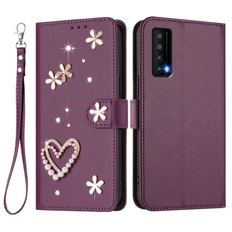 For TCL Stylus 5G ZS01 Double-Layer Heart Floral Vegan Leather Phone Case with Wrist Strap