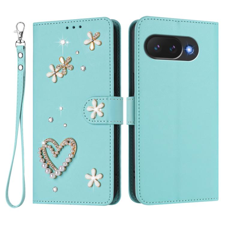 For Google Pixel 10a ZS01 Double-Layer Heart Floral Vegan Leather Phone Case with Wrist Strap
