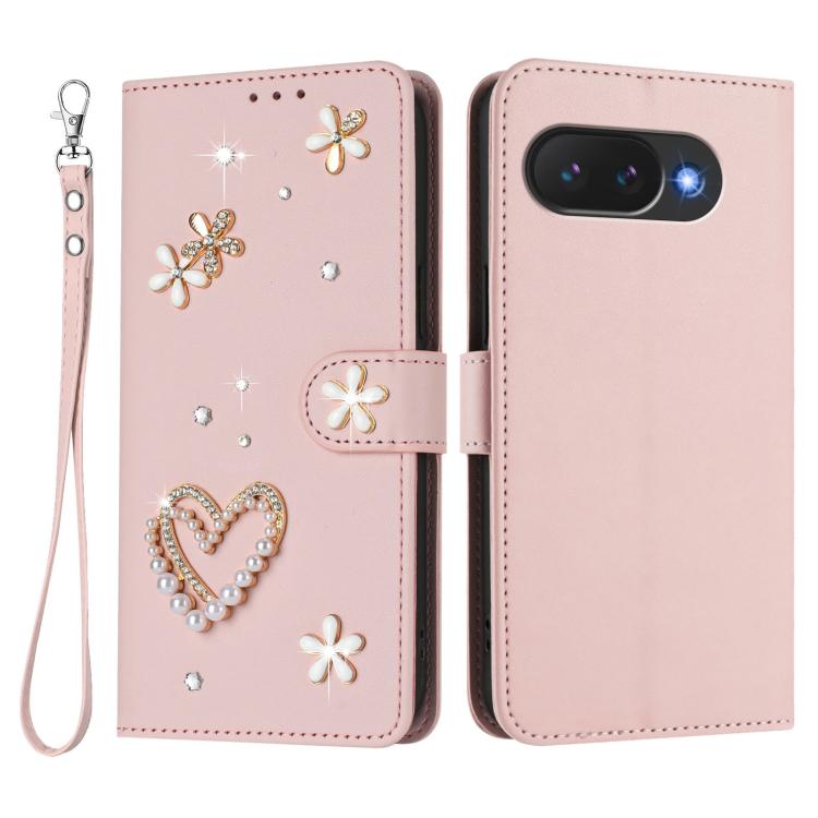 For Google Pixel 10a ZS01 Double-Layer Heart Floral Vegan Leather Phone Case with Wrist Strap