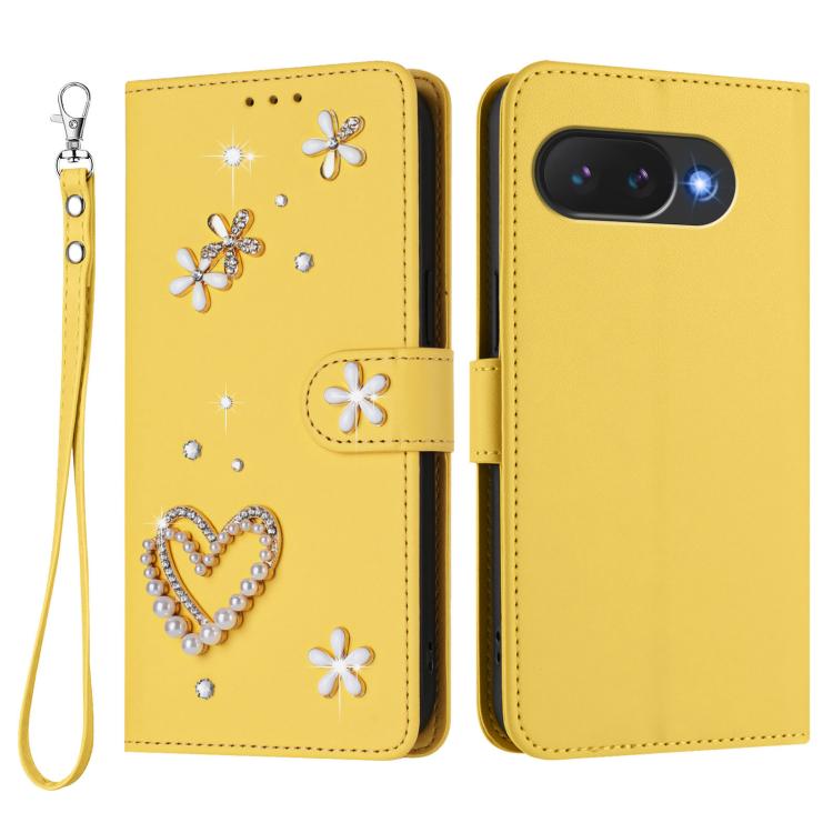 For Google Pixel 10a ZS01 Double-Layer Heart Floral Vegan Leather Phone Case with Wrist Strap