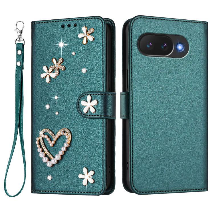 For Google Pixel 10a ZS01 Double-Layer Heart Floral Vegan Leather Phone Case with Wrist Strap