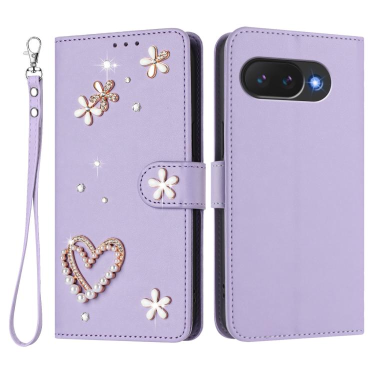 For Google Pixel 10a ZS01 Double-Layer Heart Floral Vegan Leather Phone Case with Wrist Strap