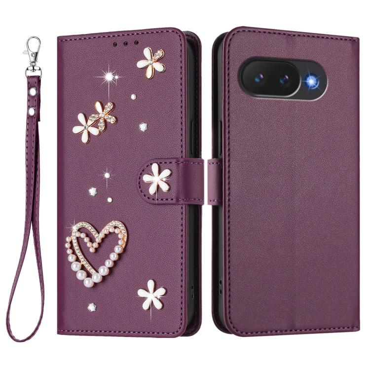 For Google Pixel 10a ZS01 Double-Layer Heart Floral Vegan Leather Phone Case with Wrist Strap