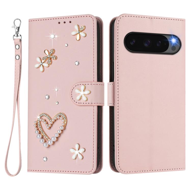 For Google Pixel 10 Pro XL 5G ZS01 Double-Layer Heart Floral Vegan Leather Phone Case with Wrist Strap