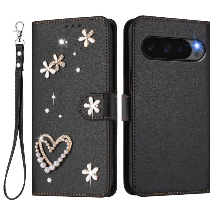 For Google Pixel 10 Pro XL 5G ZS01 Double-Layer Heart Floral Vegan Leather Phone Case with Wrist Strap